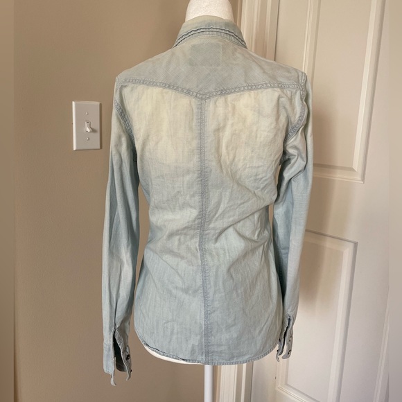 American Eagle Outfitters Western Distressed Light Blue Denim Coastal Boho Top - Picture 6 of 6